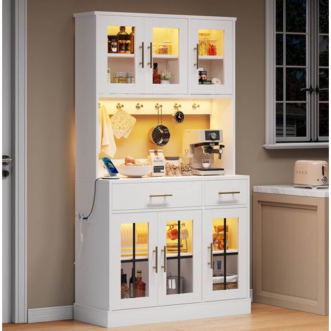 MEUBLIV Buffet de cuisine blanc 100x40x180 cm – LED, prise, 6 portes et 2 tiroirs (1/5)
