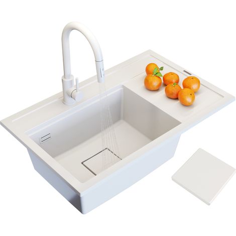 Évier de Cuisine en Granit Blanc Granitan Rendo avec Égouttoir, Robinet Extractible et Siphon, 1 Bac, Pour Meubles à partir de 60 cm (1/5)