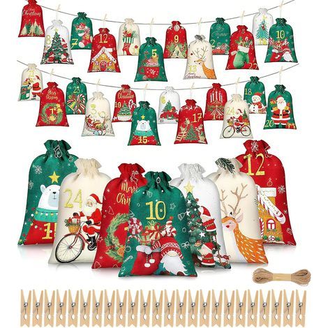 Calendario dell'Avvento vuoto 2026, Sacchetto per calendario dell'Avvento (2 misure), Corda di canapa, Clip, Calendario di Natale riempibile, Calendario dell'Avvento in tessuto fai da te, per bambini, (1/5)