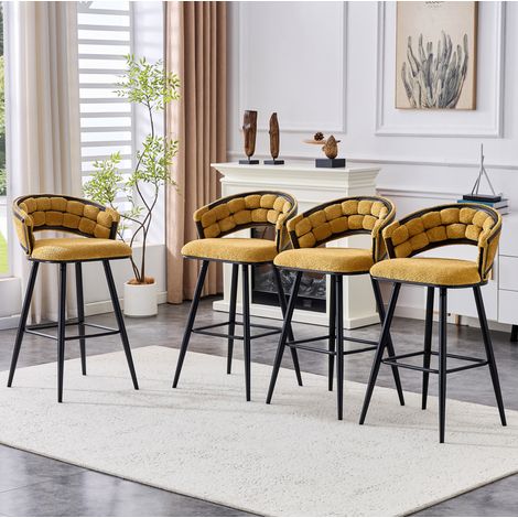Lot de 4 tabourets de bar en velours jaune, dossier tressé, pieds métal noir, 56x50,5x98,5 cm (1/5)