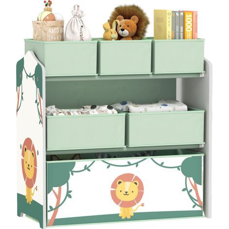 Meuble rangement enfant à 3 niveaux, étagère de rangement pour jouets enfants avec 6 boîtes en tissu amovibles, vert (1/5)