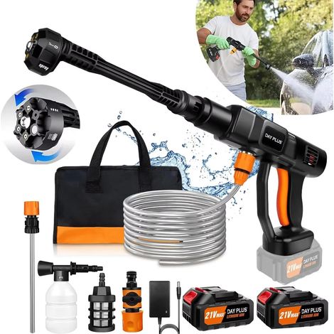 Nettoyeur haute pression sans fil, Nettoyeur portable, Fonction 6-en-1, Nettoyeur auto sans fil, Outil d'arrosage, Pression de 150 bars, Outil de nettoyage pour sols et jardins (2 batteries)