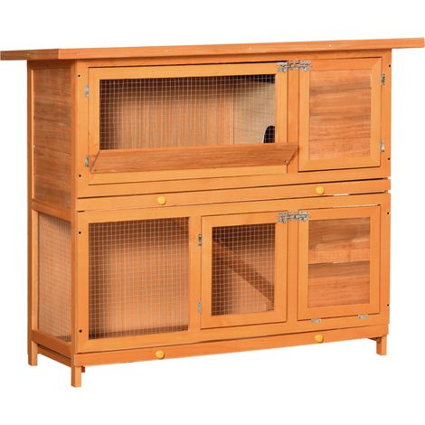 Cage à lapin poulailler clapier en bois de pin de grande taille avec 2 étages râtelier à foin toit ouvrant dim.120L x 48l x100H cm