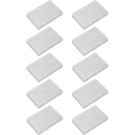 Packung mit 10 transparenten Polystyrol-Zellkulturplatten mit 96 Vertiefungen, Kunststoffdeckel und V-förmigem Boden, für Labor und Biologieraum. (1/5)