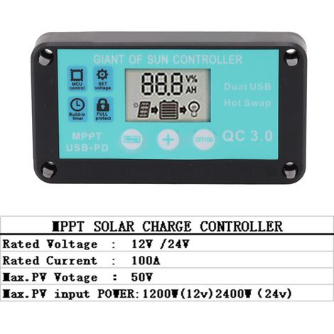 MPPT-Solarladeregler mit zwei USB-Anschlüssen, Schnellladefunktion, 100 A, 12 V/24 V, für den Einsatz im Haushalt und in der Industrie (1/5)