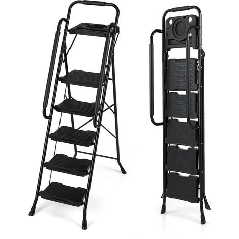COSTWAY Scala a 5 Gradini con Vaschetta Porta Attrezzi, Scaletta Pieghevole con Ampio Pedale, Corrimano e Piedi Antiscivolo, Struttura in Metallo, Carico Massimo 150 kg