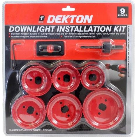 Dekton Hole Saw 9pc Down Lights Hole Cutter Set 51mm 60mm 65mm 72mm 75mm 88mm (1/2)