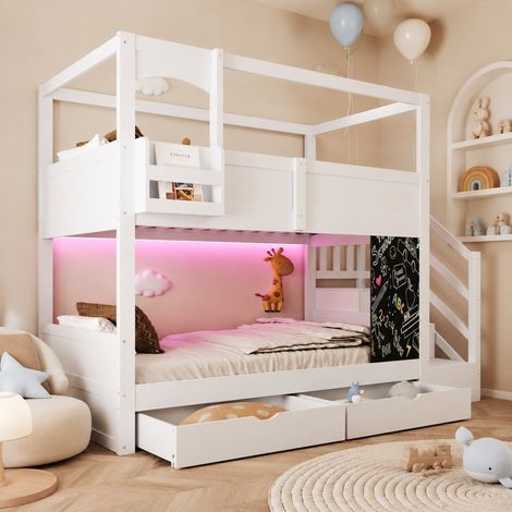 Etagenbett 90/200 cm bianco in legno con scala contenitore, cassetti e lavagna removibile (1/5)