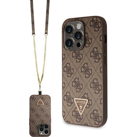 Coque rigide marron Guess GUHCP14LP4TDSCPW pour iPhone 14 Pro 6,1" avec bandoulière et logo 4G en métal