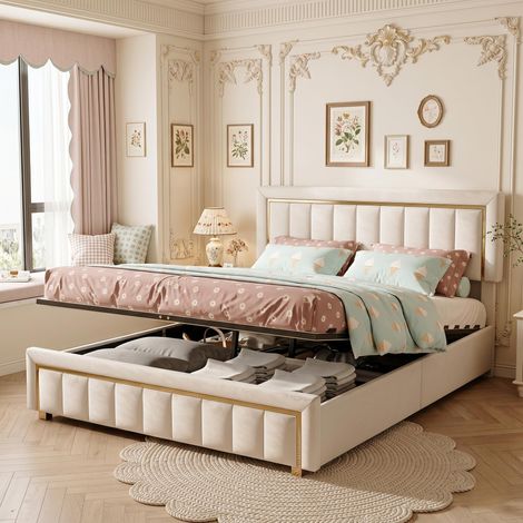 Lit Coffre Double 160x200 cm en Lin Blanc avec Rangement - Tête de Lit à Rayures et Sommier à Lattes - Scandinave (1/5)