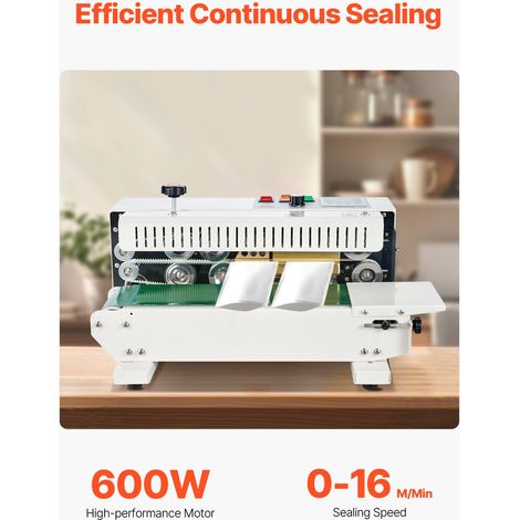 Machine de scellage de sacs en continu, largeur de scellage 6-12 mm, scelleuse à bande horizontale acier au carbone avec contrôle numérique température, pour films de sacs plastique 0,02-0,8 mm (1/5)