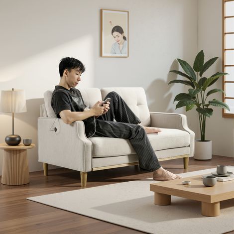 REDOM - Sofá 2 plazas con puerto USB, reposabrazos originales, tejido de poliéster beige, estructura de madera (1/5)