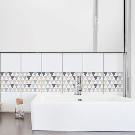 Sticker Carrelage Adhésif Décoratif Polygone 9 pièces 10x10cm - Rose, Jaune, Bleu et Gris - Style Scandinave. (1/2)