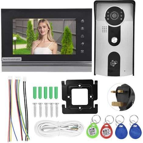Sonnette vidéo couleur 7 pouces écran tactile LCD, système d'interphone d'entrée avec prise UK 100-240V, kit vidéo portier. (1/5)