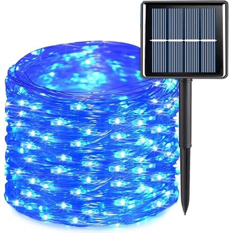 Guirlande lumineuse solaire LED (22 m, 200 LED, lumière bleue) pour jardin, terrasse, sapin de Noël ou fête. Étanche et scintillante. Compatible avec les décorations de Noël, patio et fêtes. (1/5)