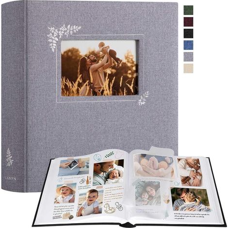 DIY-Fotoalbum zum Selbstgestalten, großes Leinenfenster-Design, 100 weiße Seiten mit Cellophan-Trennblättern für Fotos im Format 9x13cm, 10x15cm und 13x18cm (30x33,5cm, Grau) (1/5)