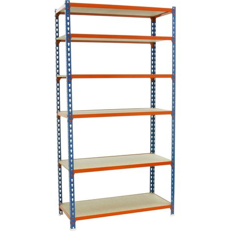 Étagère Rangement et 6 Niveaux en Bois, 150 kg Capacité de Charge et Point de Flexion, 2500x800x400 mm, Étagère Charge Lourde, Étagère Garage, Bleu/Orange/Bois (1/5)