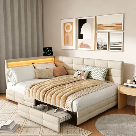 Letto singolo 90x200 cm con materasso e LED RGB, letto imbottito in lino beige, cassetto contenitore, porta USB