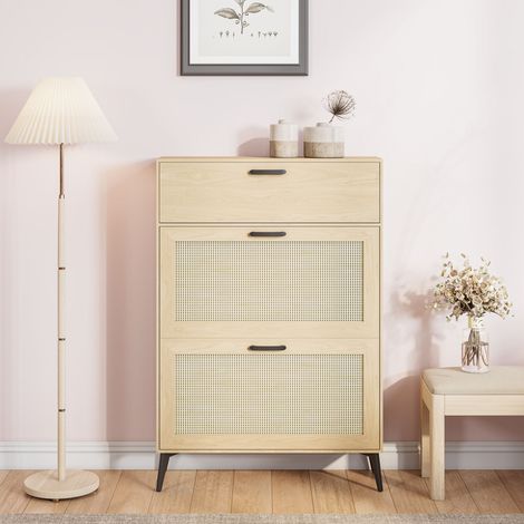 Rotin Meuble à Chaussures à 3 Niveaux 80cm, Armoire à Chaussures avec 3 portes en bois pour entrée, Range-Chaussures Minces,avec poignées et pieds dorés, pour jusqu'à 15 paires de chaussures - Blanc (1/5)
