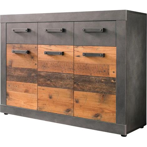 Buffet 3 portes 3 tiroirs 117x37x86 cm décor bois vieilli - LINDA (1/5)