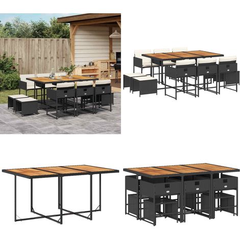 11-tlg. Garten-Essgruppe mit Kissen Schwarz Poly Rattan - Gartenmöbel Set - Gartentisch - Gartenstühle - Gartenhocker - Rattan Möbel - Home & Living
