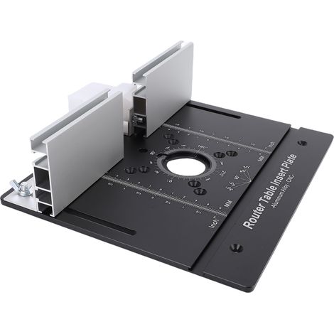 Plaque d'insertion pour table à défonceuse en alliage aluminium noir avec guide à onglet plateau basculant établi menuiserie pour rainurage et coupe graduations mm pouces (1/5)