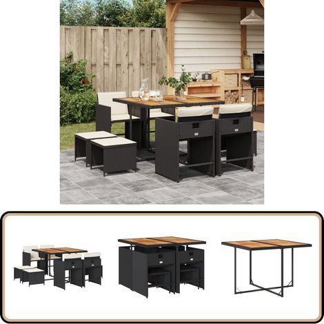 9-tlg. Garten-Essgruppe mit Kissen Schwarz Poly Rattan - Gartenmöbel Set - Gartentisch - Gartenstühle - Gartenhocker - Rattan Möbel