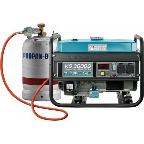 Könner & Söhnen – Groupe électrogène 3000 W essence et gaz – Monophasé 230 V – Système AVR – Autonomie 15h – 68 dB(A) à 7m – Kit installation gaz inclus