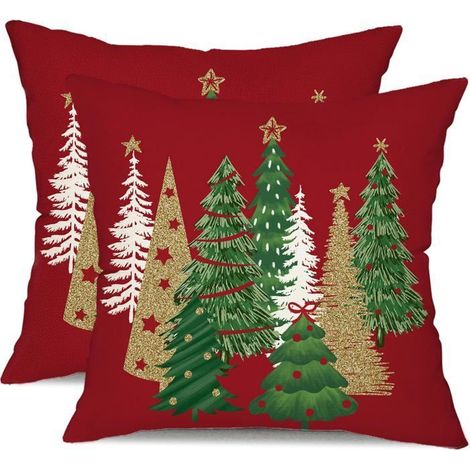 4545cm-Lot de 2 housses de coussin de Noël 45 x 45 cm, motif sapin de Noël – Décoration rouge pour canapé en hiver-,q (1/5)