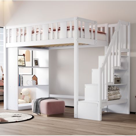 Lit mezzanine 90x200 avec rangements bois blanc HAVRYA (1/5)
