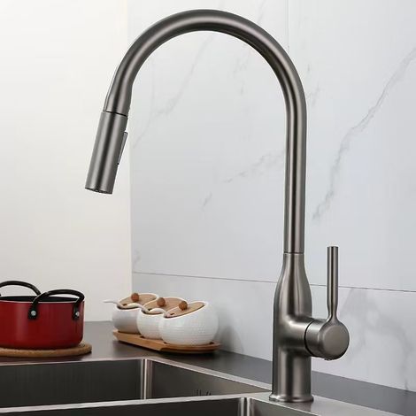 Gunmetal gray all-copper pull-out kitchen faucet, household pressure boosting universal faucet for dishwashing and vegetable washing basins, hot and cold water splash-proof faucet -- Gunmetal gray inl