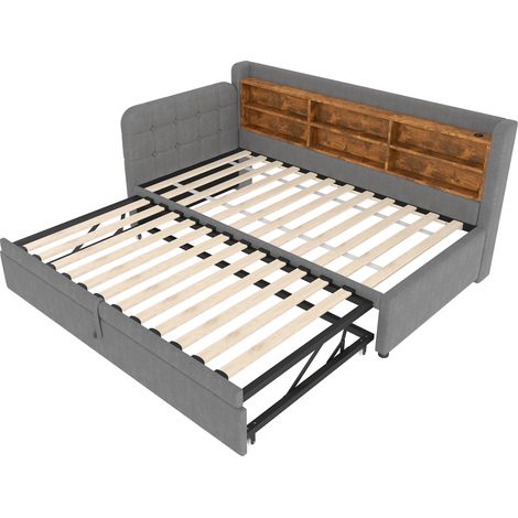 Cama nido 90 x 200 cm de lino gris, cabecero con USB y almacenaje, MODENUIT (1/5)