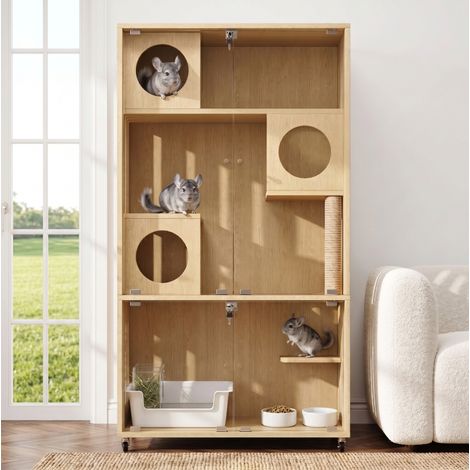 Jaula para gatos 90x50x166 cm de MDF y vidrio natural, modular para interior FLORAGRACE (1/5)