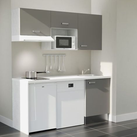 Kitchenette K55L-PT - 180 cm avec plan de travail et évier - Façade Gris - Plan Blanc - Crédences Non