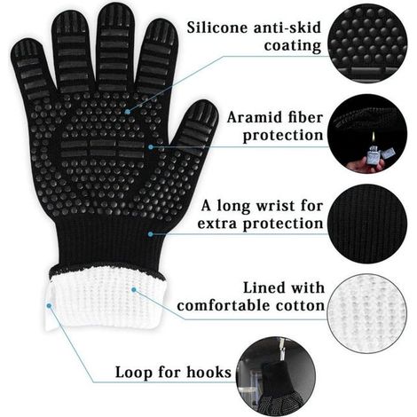 Guanti da barbecue antiscivolo in silicone, per barbecue, forno, forno, guanti da cucina resistenti al calore, guanti da camino fino a 800°C, neri (1/4)