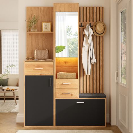 Vestiaire d'entrée avec miroir banc range-chaussures et LED connectée - Meuble d'entrée scandinave bois, gain de place, 120x32x178 cm - Marron (1/5)