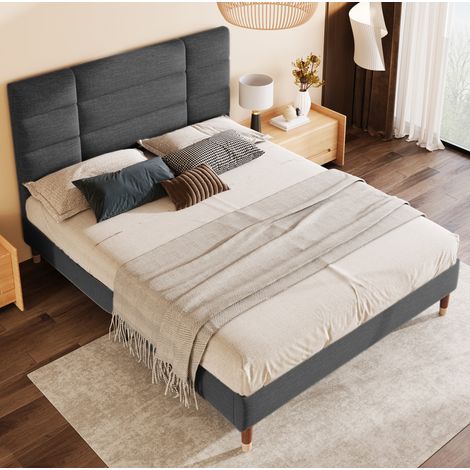 Cama tapizada 140/200 cm gris de madera con cabecero acolchado (1/5)