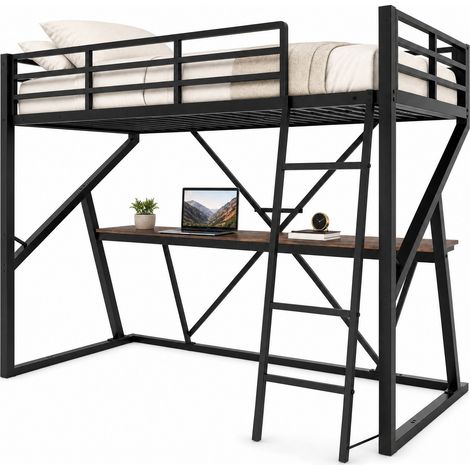 Cama alta infantil 90x200 cm para niños con estructura de metal y MDF, LED multicolor, escritorio, escalera y barandillas, sin colchón, negro CHICFURN (1/5)