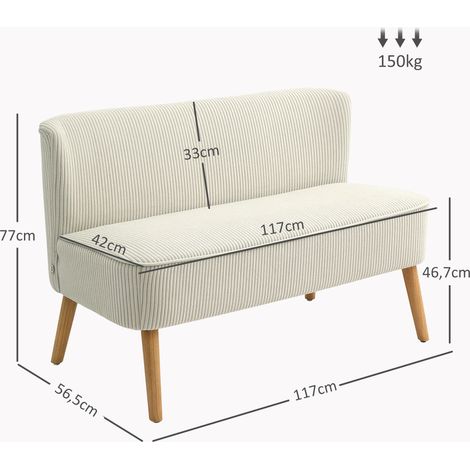 Canapé 2 places moderne sans bras, banquette rembourrée velours côtelé, petit divan lounge pieds bois pour séjour, 117 x 56,5 x 77 cm, blanc cassé (1/5)