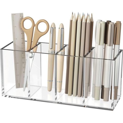 Porte-stylo en acrylique 4 compartiments, tasse organisatrice de crayons transparente pour le rangement des accessoires de bureau sur le comptoir-DOU