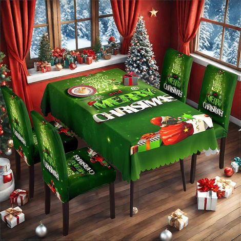 Ensemble de nappes, sets de table, décorations de Noël pour la salle à manger et la cuisine, nappes et housses de chaises de Noël imprimés numériquement (TC-173) (1/4)