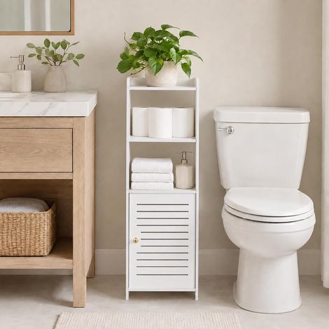 Support de papier toilette à 3 niveaux, armoire de rangement pour salle de bain, étagère d'angle fine pour petit espace, petite armoire de rangement de salle de bain avec porte-rouleau de (1/5)