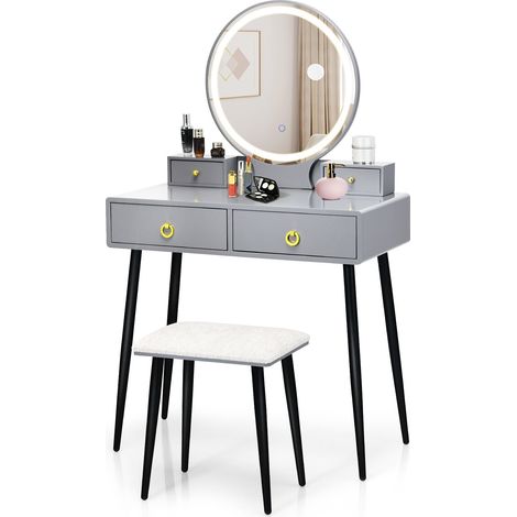 COSTWAY Dressing Vanity Table Set Makeup Desk Mirror And Stool w/3-Color LED Light (1/5)