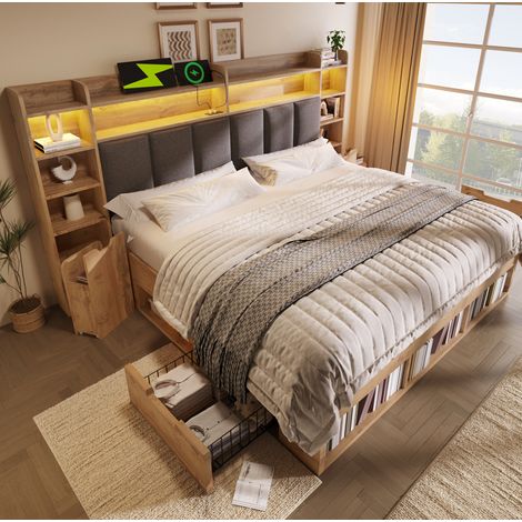 Cama moderna color roble 180x200 cm con cabecero acolchado, LED, USB/USB-C, mesillas móviles y cajones