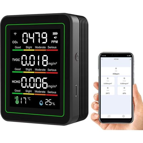 5-in-1 Smart-Luftqualitätsmonitor: WLAN-Luftqualitätsmessgerät für Innenräume zur Messung von TVOC, CO2, HCHO, Temperatur und Luftfeuchtigkeit, für Zuhause und Büro mit App-Steuerung (1/4)