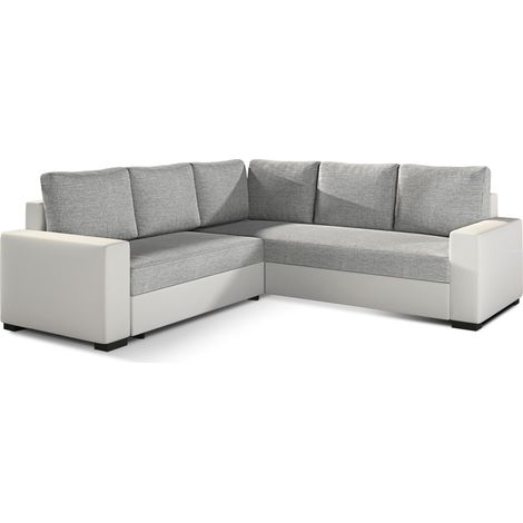 Canapé d'angle convertible simili blanc et tissu gris clair Travor 235cm (1/5)