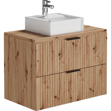 Vente-Unique – Meuble de salle de bain suspendu strié avec vasque carrée – Naturel clair – Longueur 80 cm – 2 tiroirs soft close – MDF rainuré