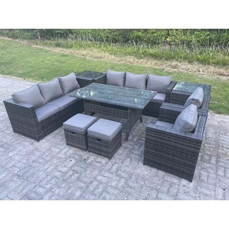 Fimous 10 Sitzer Outdoor Polyrattan Gartenmöbel Sofa Set Terrassen Rechteckiger Esstisch mit 2 Sesseln 2 Beistelltisch 2 Kleiner Hockern Dunkelgrau gemischt