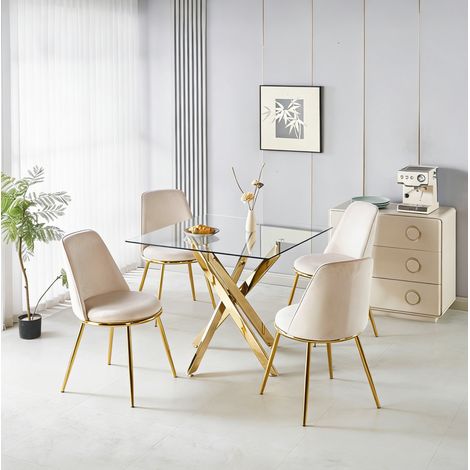 Conjunto de mesa de comedor 80x80x75 cm de cristal y metal dorado, moderno FloraGrace (1/5)