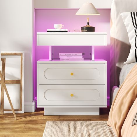 Table de chevet avec éclairage LED, commode de nuit avec 2 tiroirs, 1 espace de rangement ouvert, blanc, B50/T40/H60 cm (1/5)